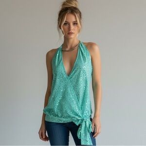 Vintage Y2K retro Ibiza Arden B Teal Sequin wrap Halter Top backless